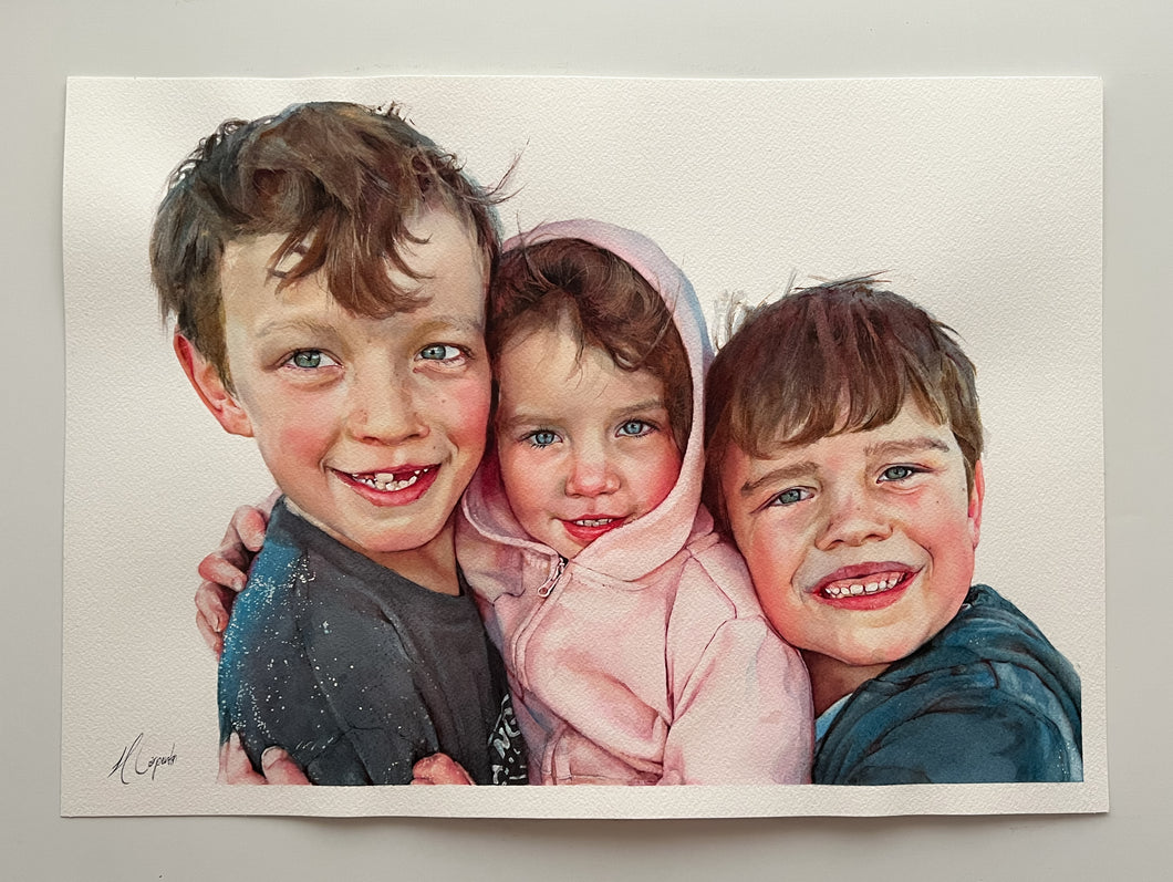 Custom Hand-painted Watercolour Portrait - Three Subjects