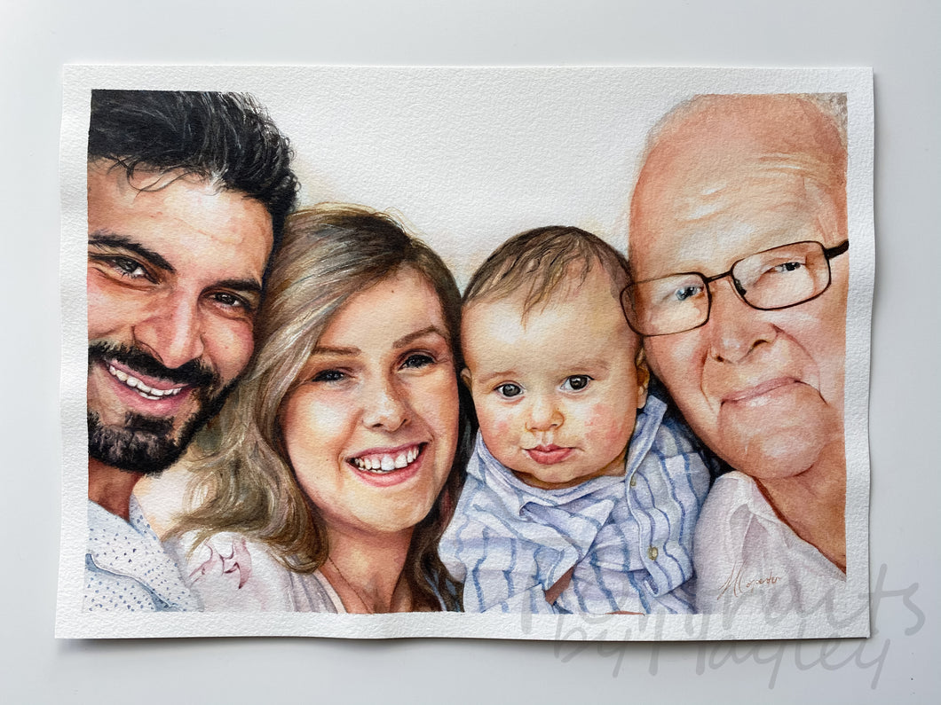 Custom Hand-painted Watercolour Portrait - Four Subjects